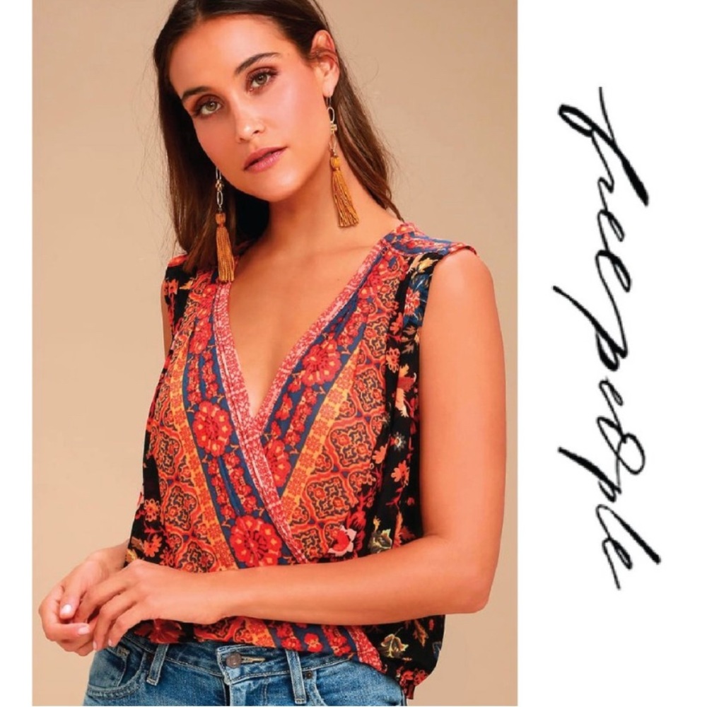 Free People Havana Floral Mesh Cropped Tank Large Orange Black Sleeveles…